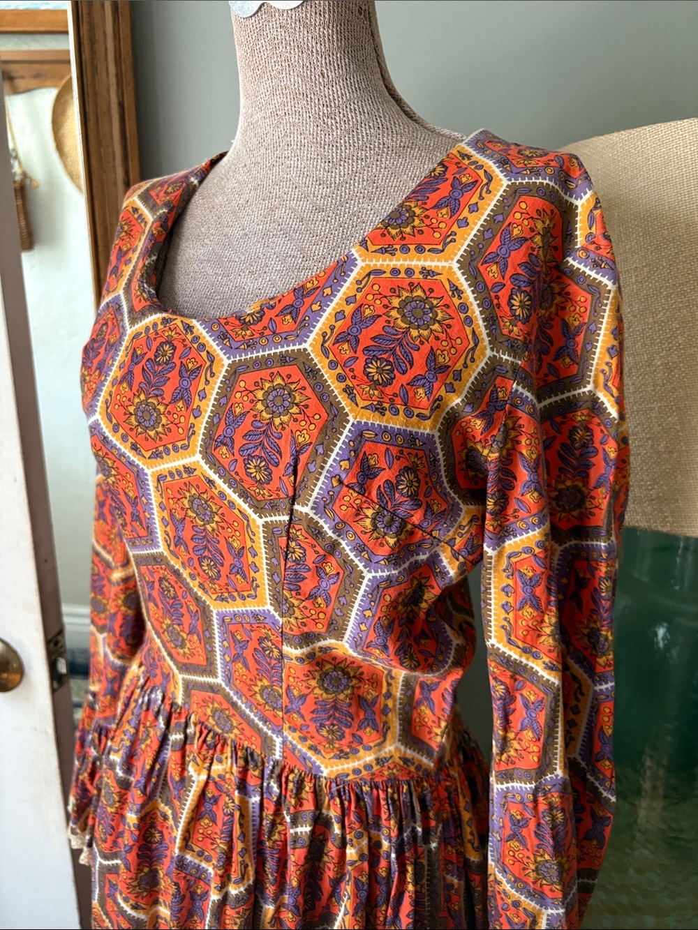 Vintage 60s/70s Orange Multi Hexagon Print Maxi Dress - Picture 2 of 6